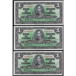 Lot of (3) 1937 $1 Bank of Canada Notes