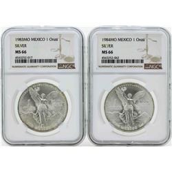 Set of 1983MO-1984MO Mexico 1 Onza Silver Libertad Coins NGC MS66