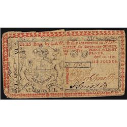 April 10, 1759 New Jersey 6 Pounds Colonial Currency Note
