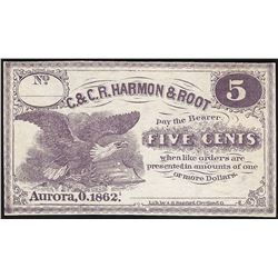 1862 Five Cents C. & C.R. Harmon & Root Obsolete Note