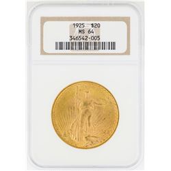 1925 $20 St. Gaudens Double Eagle Gold Coin NGC MS64