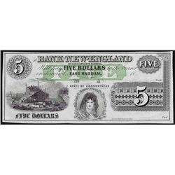1800's $5 Bank of New England Obsolete Bank Note