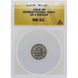 1848 Germany-Nassau 3 Kreuzer Coin ANACS MS63