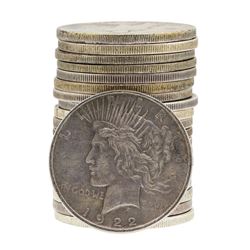 Lot of (20) 1922 $1 Peace Silver Dollar Coins - Circulated