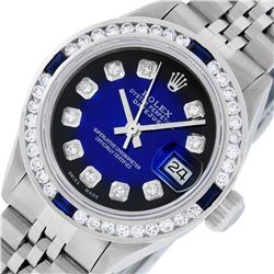 Rolex Ladies Stainless Steel Blue Vignette Diamond and Sapphire Datejust Wristwa