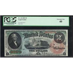 1869 $2 Rainbow Legal Tender Note Fr.42 PCGS Extremely Fine 40