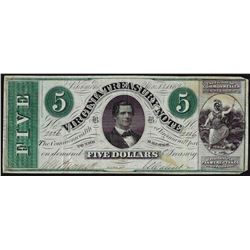 1862 $5 Virginia Treasury Obsolete Bank Note