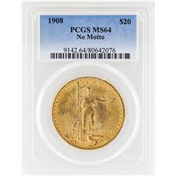1908 No Motto $20 St. Gaudens Double Eagle Gold Coin PCGS MS64