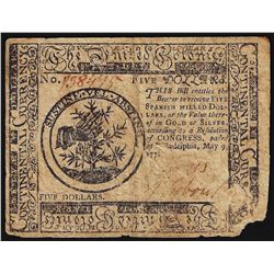 May 9, 1776 $5 Continental Currency Note