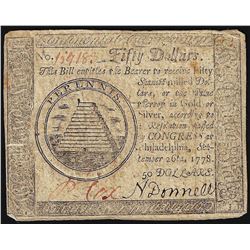 September 26, 1778 $50 Continental Currency Note