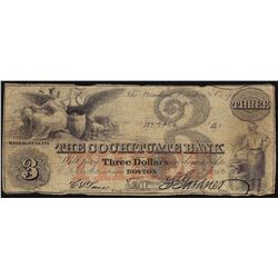 1850 $3 The Cochituate Bank Obsolete Note