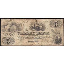 1855 $5 The Valley Bank of Maryland Obsolete Note