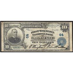 1902 $10 First Wisconsin National Bank of Milwaukee Currency Note CH# 64
