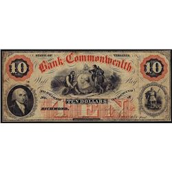 1858 $10 The Bank of Commonwealth Obsolete Bank Virginia Note