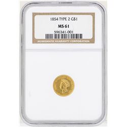 1854 $1 Indian Princess Head Gold Dollar Coin Type 2 NGC MS61
