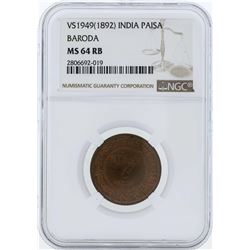 1892 India Paisa Coin Baroda NGC MS64RB