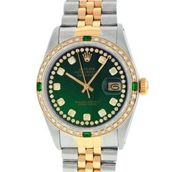 Rolex Mens Two Tone Green String Diamond & Emerald Datejust Wristwatch