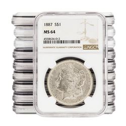 Lot of (10) 1887 $1 Morgan Silver Dollar Coins NGC MS64