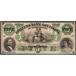 1800's $5 Citizens Bank of Louisiana Obsolete Note