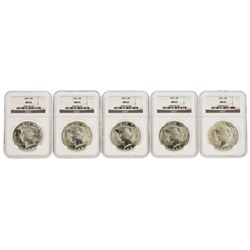Lot of (5) 1923 $1 Peace Silver Dollar Coins NGC MS63
