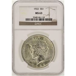 1922 $1 Peace Silver Dollar Coin NGC MS63