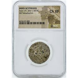 58 BC Indo Scythians Azes I/II AR Tetradrachm Coin NGC Ch XF
