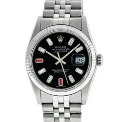 Rolex Mens 36mm Stainless Steel Black Diamond and Ruby Datejust Wristwatch