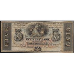 1800's $5 Citizens Bank of Louisiana Obsolete Note