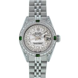 Rolex Ladies Stainless Steel MOP Diamond Lugs and Emerald Datejust Wristwatch