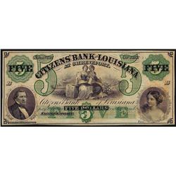 1800's $5 Citizens Bank of Louisiana Obsolete Bank Note
