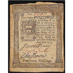 March 20, 1773 Pennsylvania 14 Shillings Colonial Currency Note