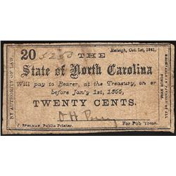 1861 Twenty Cents State of North Carolina Obsolete Note