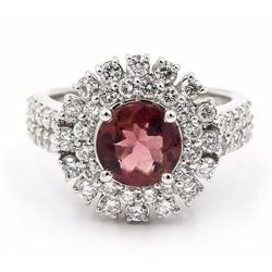 14KT White Gold 3.03ctw Round Cut Pink Tourmaline and Diamond Engagement Ring
