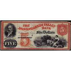 1858 $5 Monongahela Valley Bank Obsolete Note