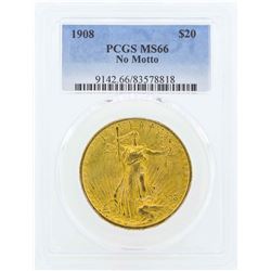 1908 No Motto $20 St. Gaudens Double Eagle Gold Coin PCGS MS66