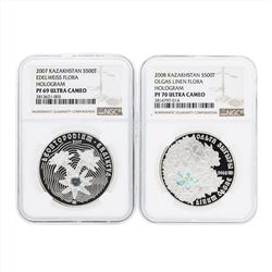 2007 Kazakhstan 500 Tenge Edel Weiss Flora Hologram Silver Coin NGC PF69 Ultra C