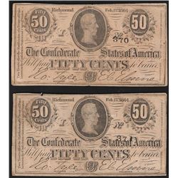 Lot of (2) 1864 Fifty Cents Confederate States of America Notes