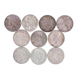 Lot of (10) $1 Peace Silver Dollar Coins