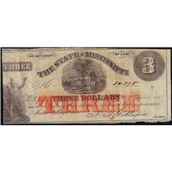 1864 $3 The State of Mississippi Obsolete Bank Note