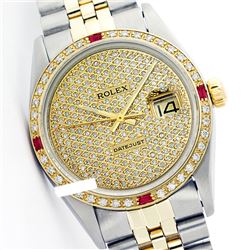 Rolex Men's Two Tone 14K Gold/SS, QuickSet, Diam Pave Dial & Diam/Ruby Bezel - REF-665X4Y