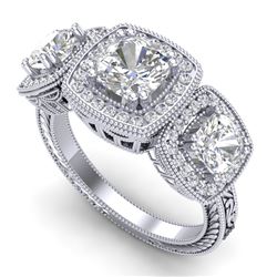 2.75 CTW Cushion Cut VS/SI Diamond Art Deco 3 Stone Band 18K White Gold - REF-609X3R - 37040