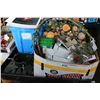 Image 1 : BOX OF CHRISTMAS LIGHTS AND DECOR AND CAST IRON TREE STAND