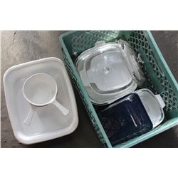 CRATE OF PYREX DISHES