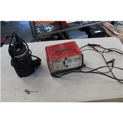 RIGID ELECTRIC SUMP PUMP AND 12VOLT MOTOMASTER BATTERY CHARGER