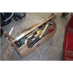 CRATE OF HAMMERS AND WOOD TOOLBOX WITH CONTENTS