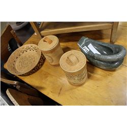 STONE CARVED BOWL AND THREE PIECES OF DECORATIVE LEATHER