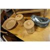 Image 1 : STONE CARVED BOWL AND THREE PIECES OF DECORATIVE LEATHER