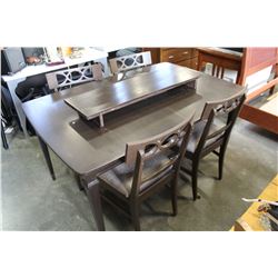 VINTAGE BROWN TABLE WITH LEAF AND 4 REULPHOSTERED GREY FABRIC CHAIRS