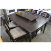 Image 2 : VINTAGE BROWN TABLE WITH LEAF AND 4 REULPHOSTERED GREY FABRIC CHAIRS