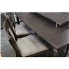 Image 3 : VINTAGE BROWN TABLE WITH LEAF AND 4 REULPHOSTERED GREY FABRIC CHAIRS